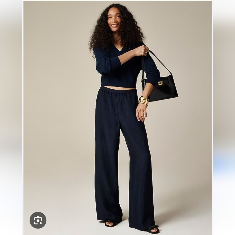 NWT J. Crew Stratus Pant in Textured Satin in Navy, Relaxed Wide Leg, Size PL